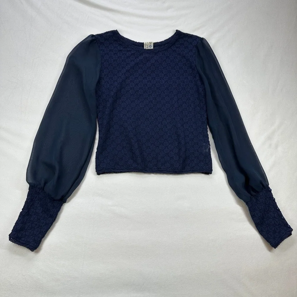 Free People Navy Blue Textured Top Sheer Balloon Long Sleeve Blouse XS